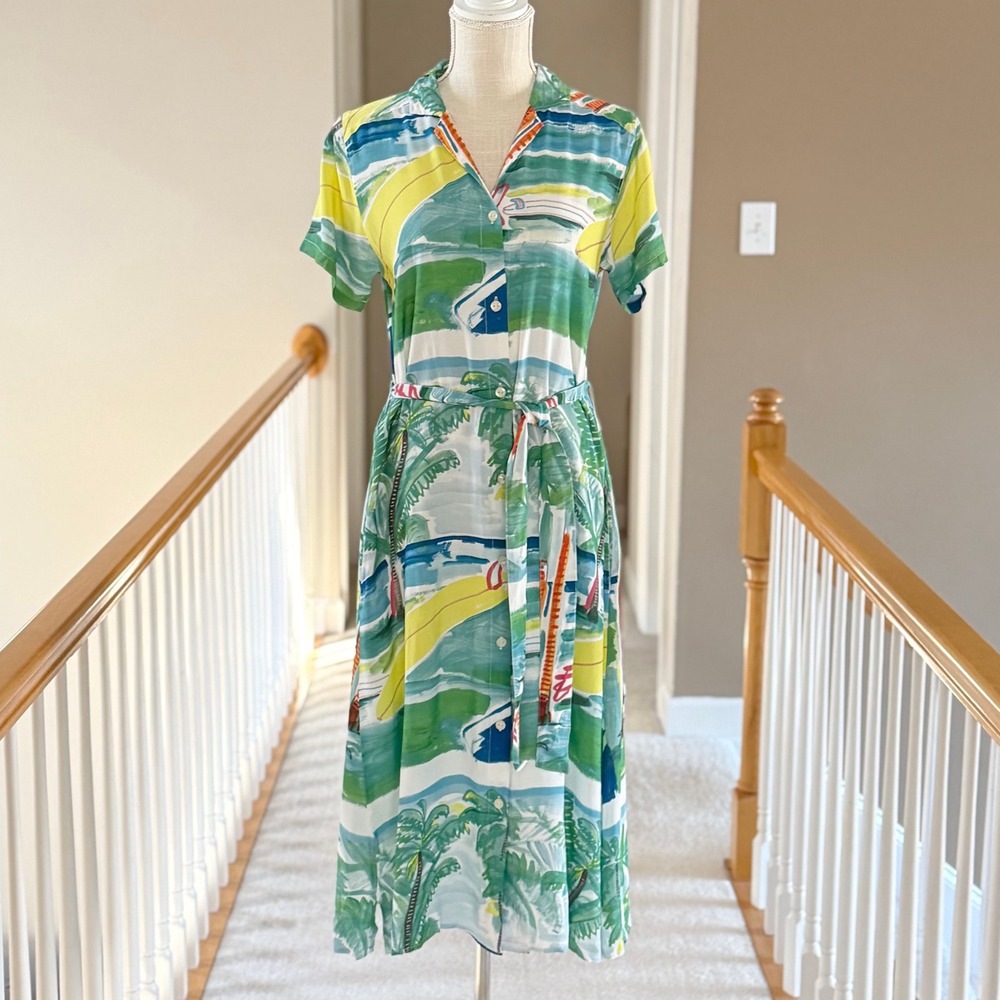 Aloha Blossom‎ Shirt Dress Summer Time Green Surfboard Pattern Tie Waist